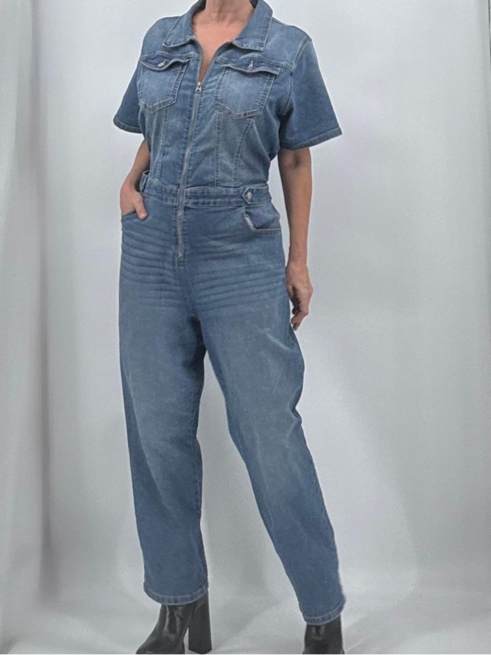 Celebrity Pink Retro 70s Zippered Boiler Suit Denim Overalls Jumpsuit - Picture 2 of 15